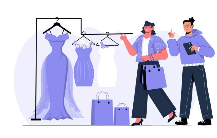 A Couple Is Shown Buying a Bridal Wedding Dress in a Boutique in This Flat Vector Illustration image